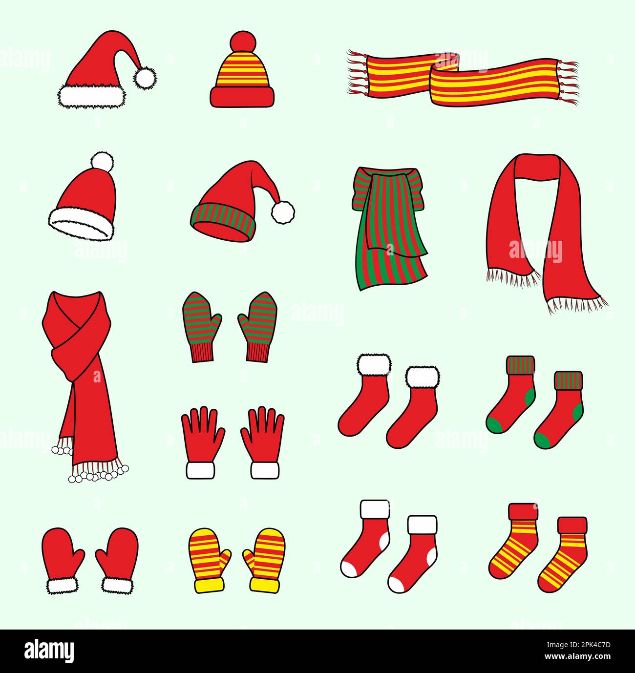 Berretto, sciarpa, guanti, calzini. Accessori di Natale. Illustrazione Vettoriale