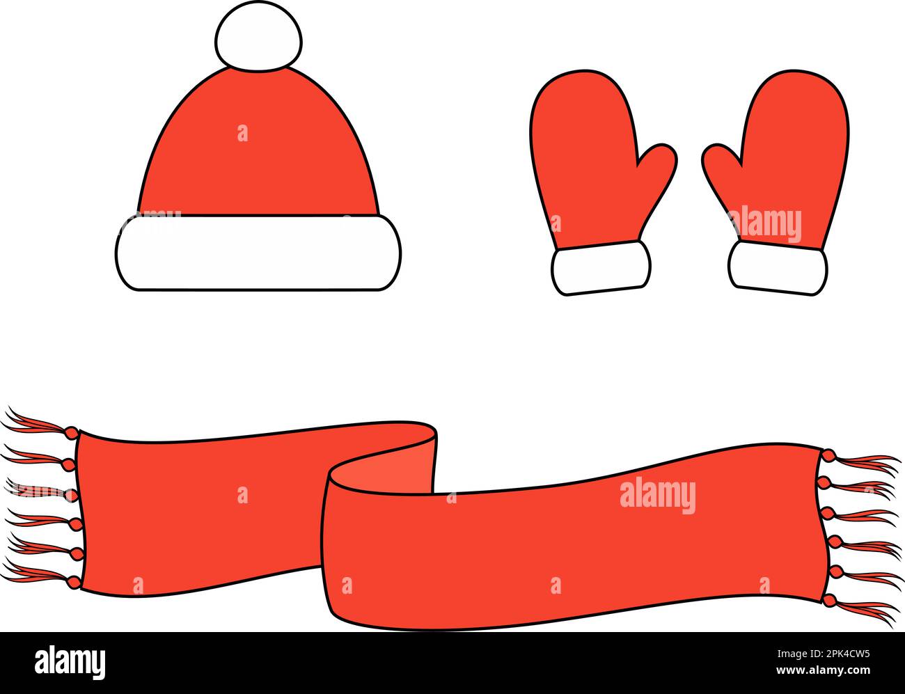 Berretto, guanti, sciarpa. Accessori invernali in maglia. Illustrazione Vettoriale