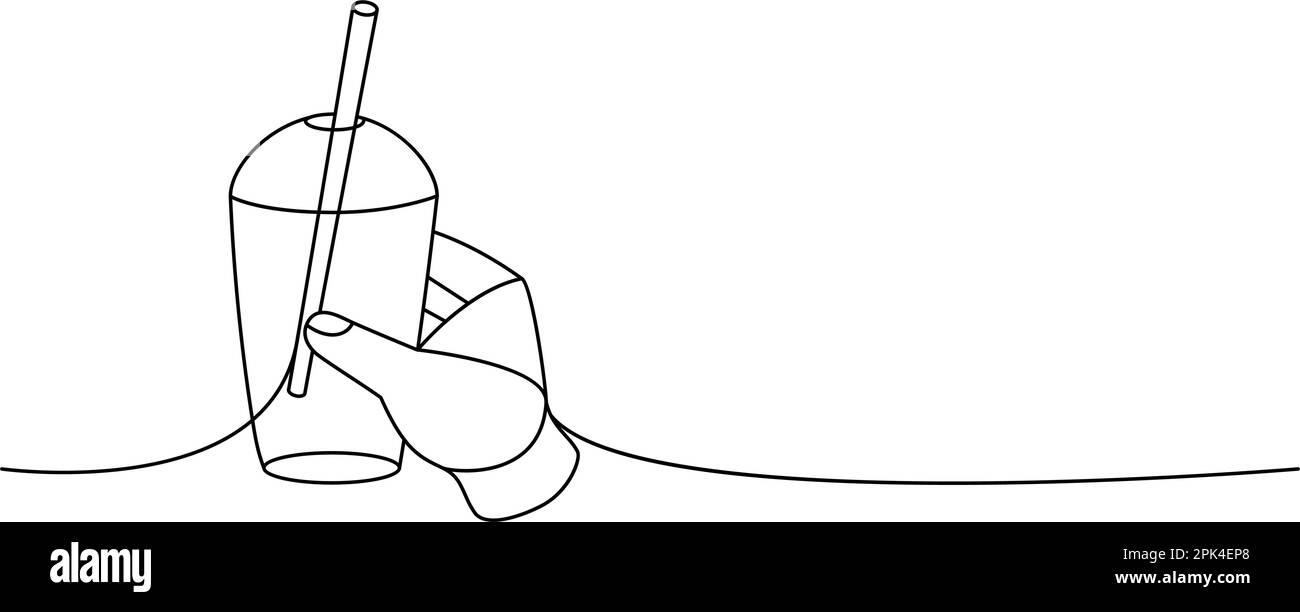 Mano con tazza in plastica monouso, disegno continuo a una linea. Illustrazione continua a una riga del flacone di vetro o di plastica vuoto. Illustrazione Vettoriale