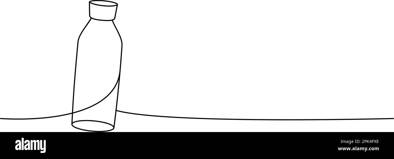 Disegno continuo linea bottiglia 1. Illustrazione continua a una riga del flacone di vetro o di plastica vuoto. Illustrazione lineare vettoriale. Illustrazione Vettoriale