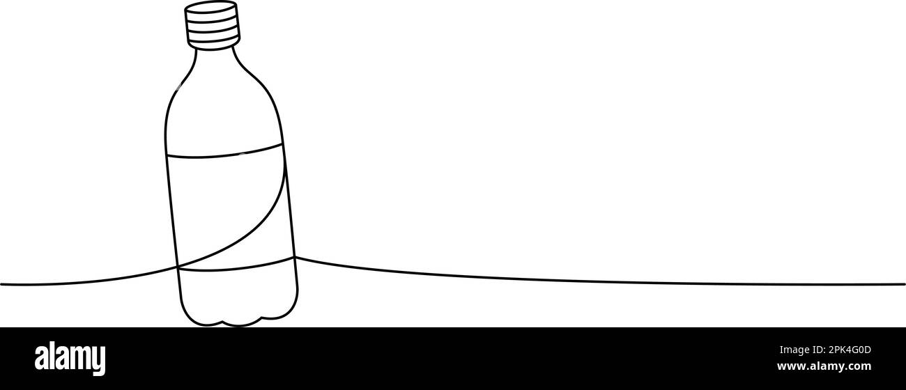 Bottiglia in plastica, disegno continuo a una linea. Bottiglia di vetro o plastica vuota, illustrazione continua a una riga. Illustrazione lineare vettoriale. Illustrazione Vettoriale