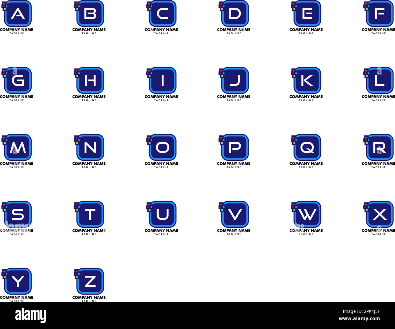 Set di angoli arrotondati quadrati con logo lettera iniziale con elemento pixel Illustrazione Vettoriale