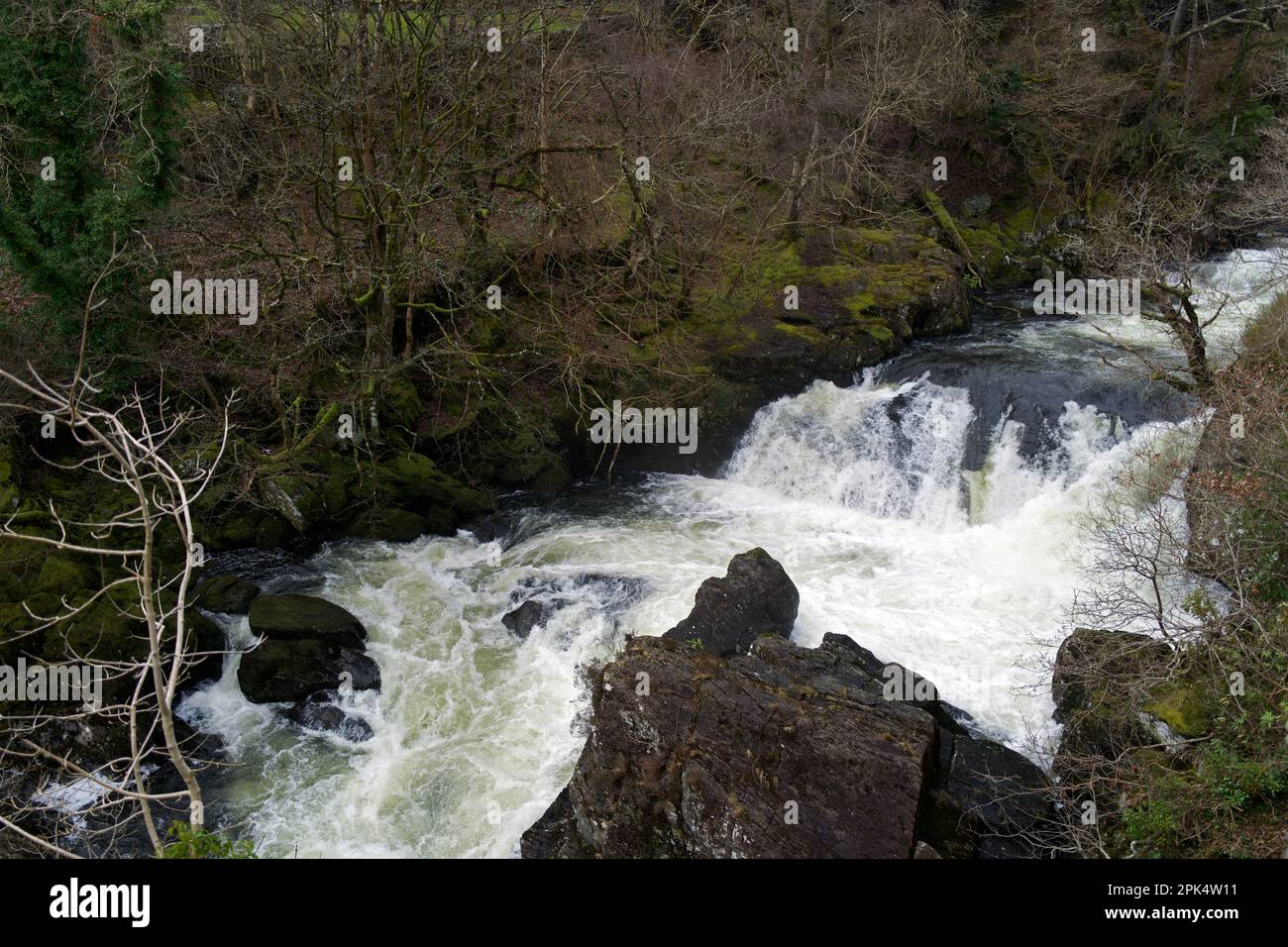Il fiume Llugwy qui è vicino al villaggio di Pont Cyfyng in Snowdonia e la cascata conosciuta come Cyfyng Falls. Foto Stock