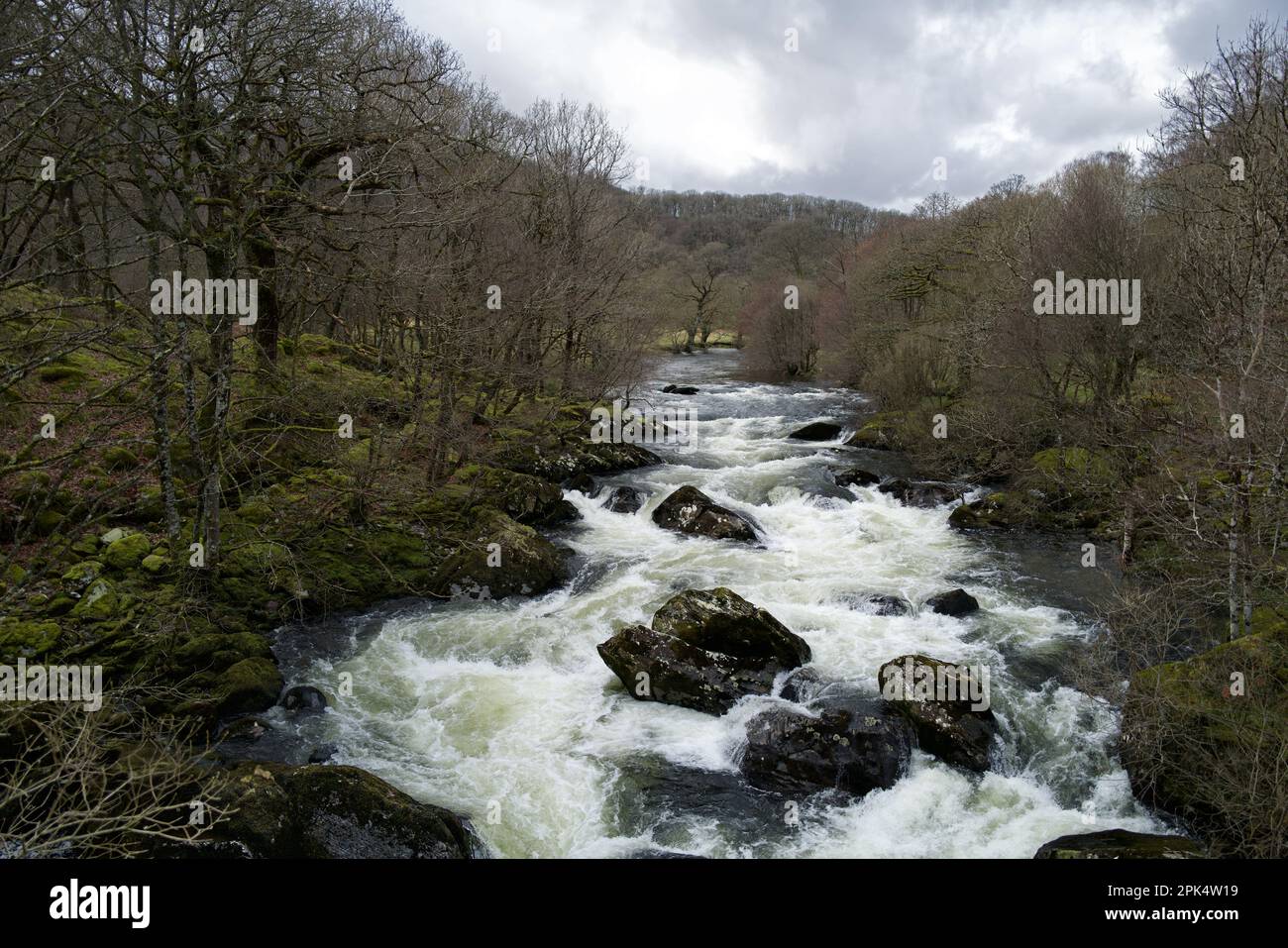 Il fiume Llugwy qui è vicino al villaggio di Pont Cyfyng in Snowdonia e la cascata conosciuta come Cyfyng Falls. Foto Stock