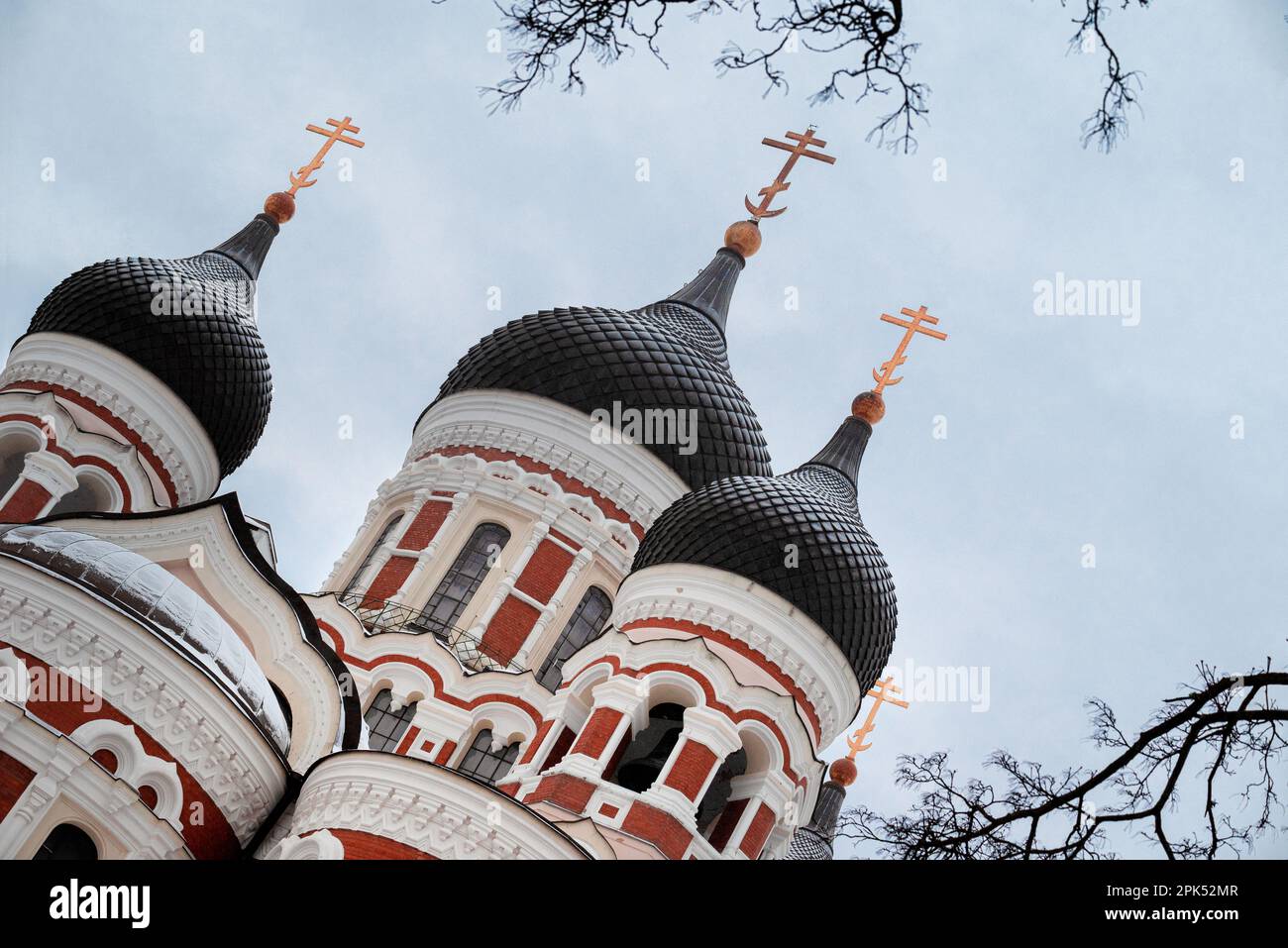 Una maestosa Cattedrale Alexander Nevsky da una vista unica, che mostra le sue intricate cupole a cipolla e l'architettura gotica contro un cielo bianco invernale. Foto Stock