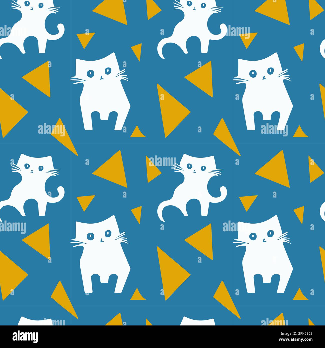 Pattern vettoriale senza giunture per gatti bianchi. Illustrazione disegnata a mano primitiva. Gattini divertente doodle con triangolo giallo su sfondo blu. Ingenuo peperoncino Illustrazione Vettoriale