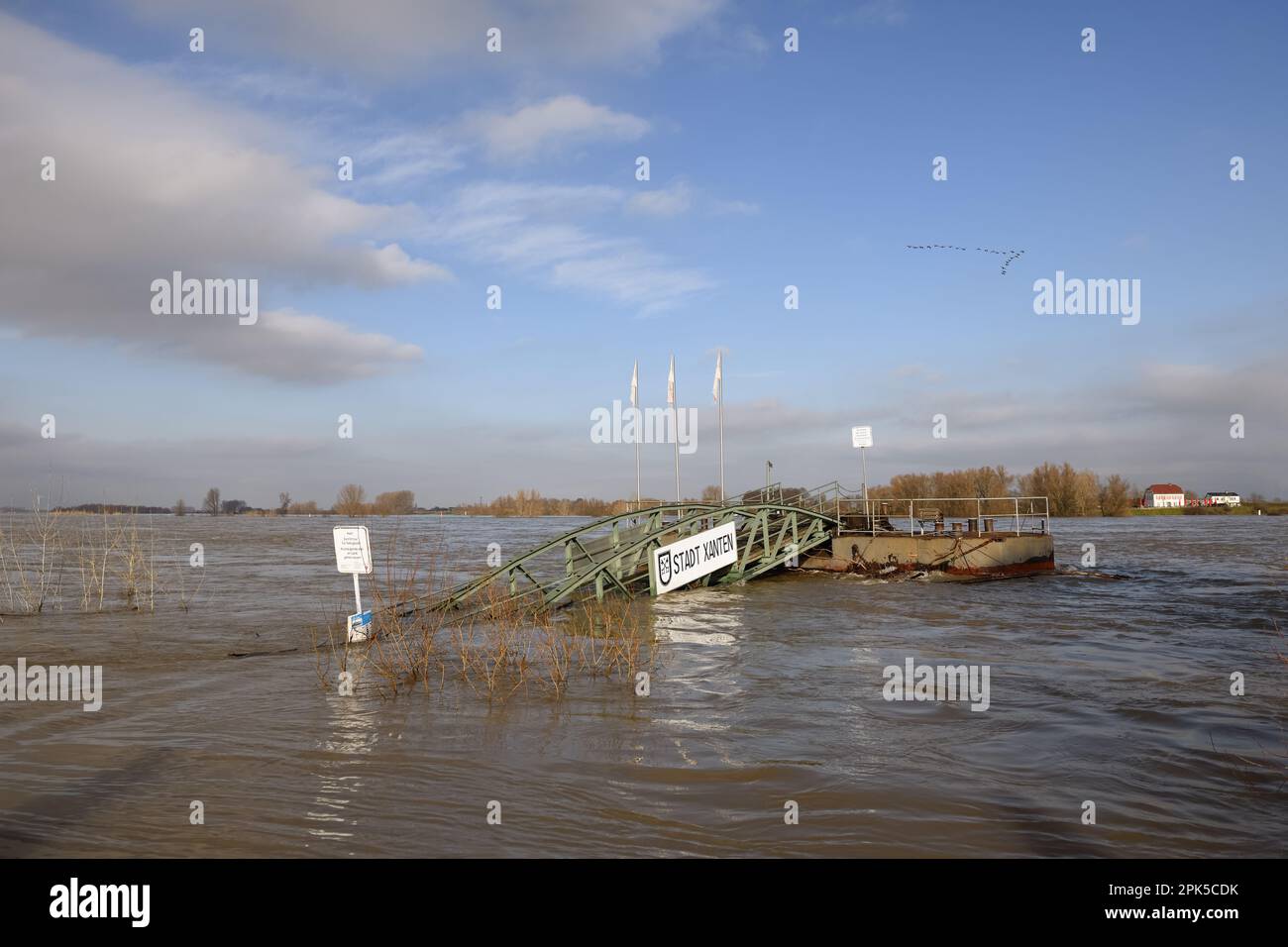 alluvione invernale... Attracco dei traghetti ( Xanten ), acque alte del Reno, Renania settentrionale-Vestfalia, Germania Foto Stock