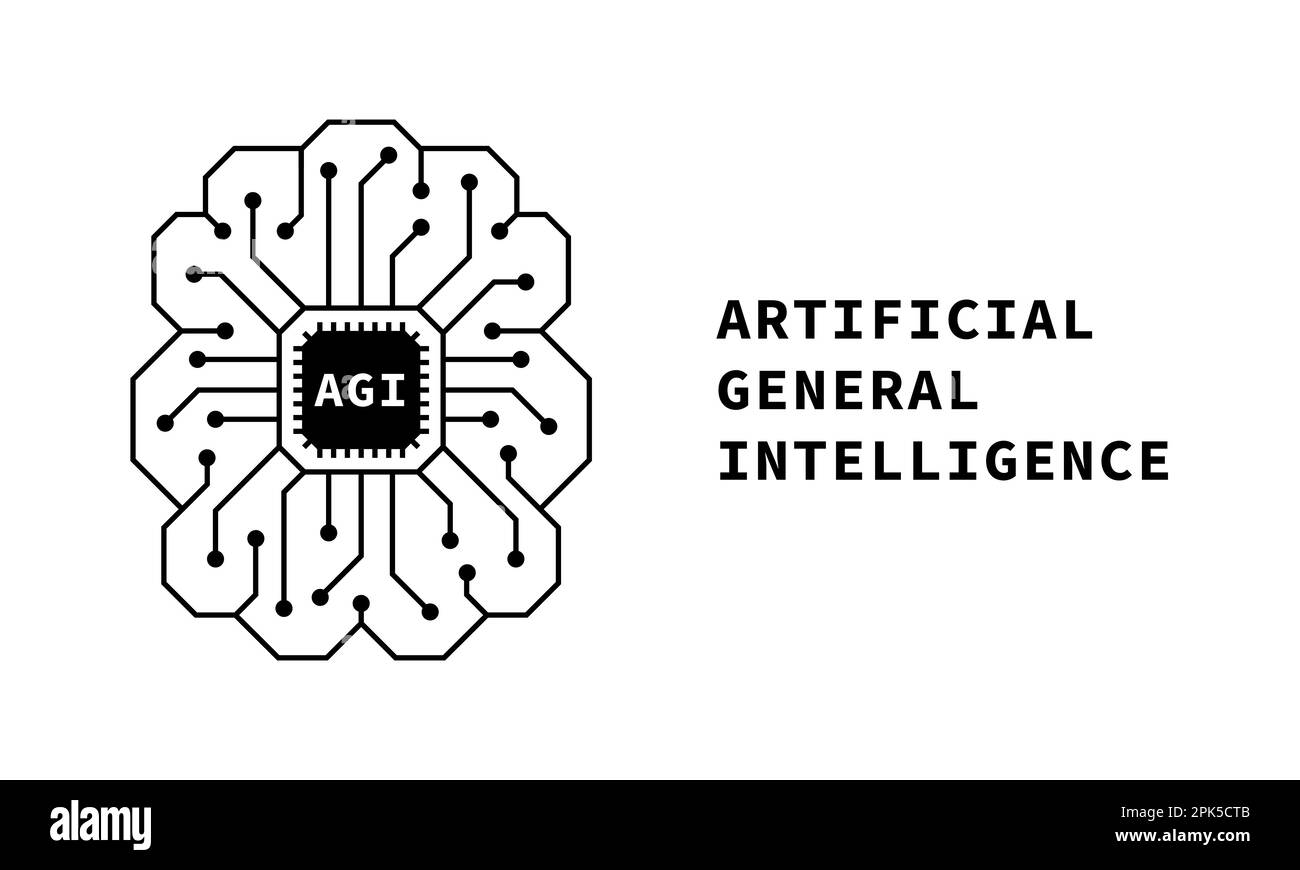 Logo lineare di intelligenza generale artificiale. Icona di stile minimalista AGI. Illustra la fisica e la tecnologia, mostrando l'apprendimento automatico basato sul cervello dell'intelligenza artificiale. Illustrazione del vettore eps Illustrazione Vettoriale