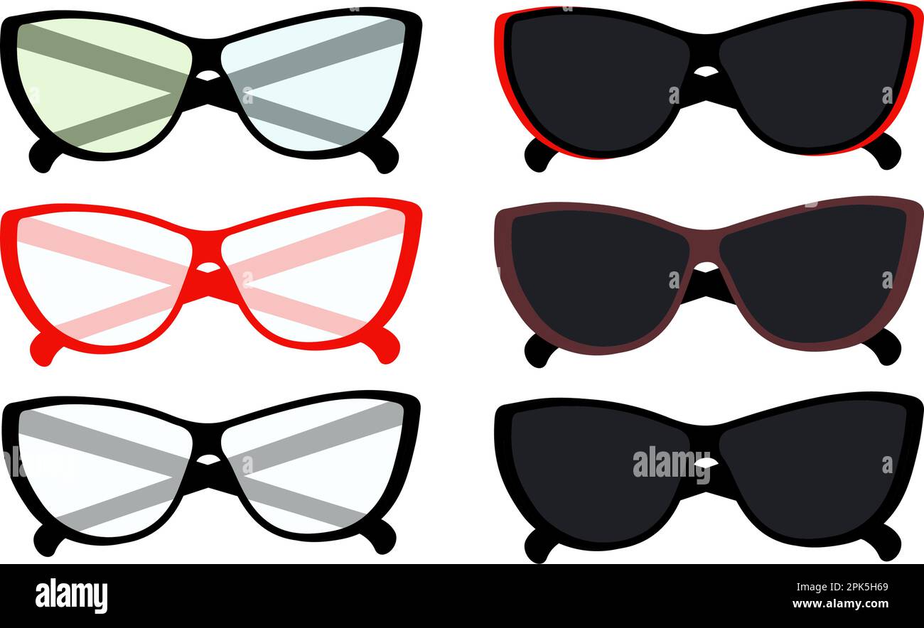 Set di 6 immagini astratte di occhiali con lenti scure e trasparenti con occhiali e montature multicolore. Ciao estate. Occhiali da sole giorno. Ideale per la pubblicità, la promozione, la brochure o la scheda, l'etichetta. EPS Illustrazione Vettoriale