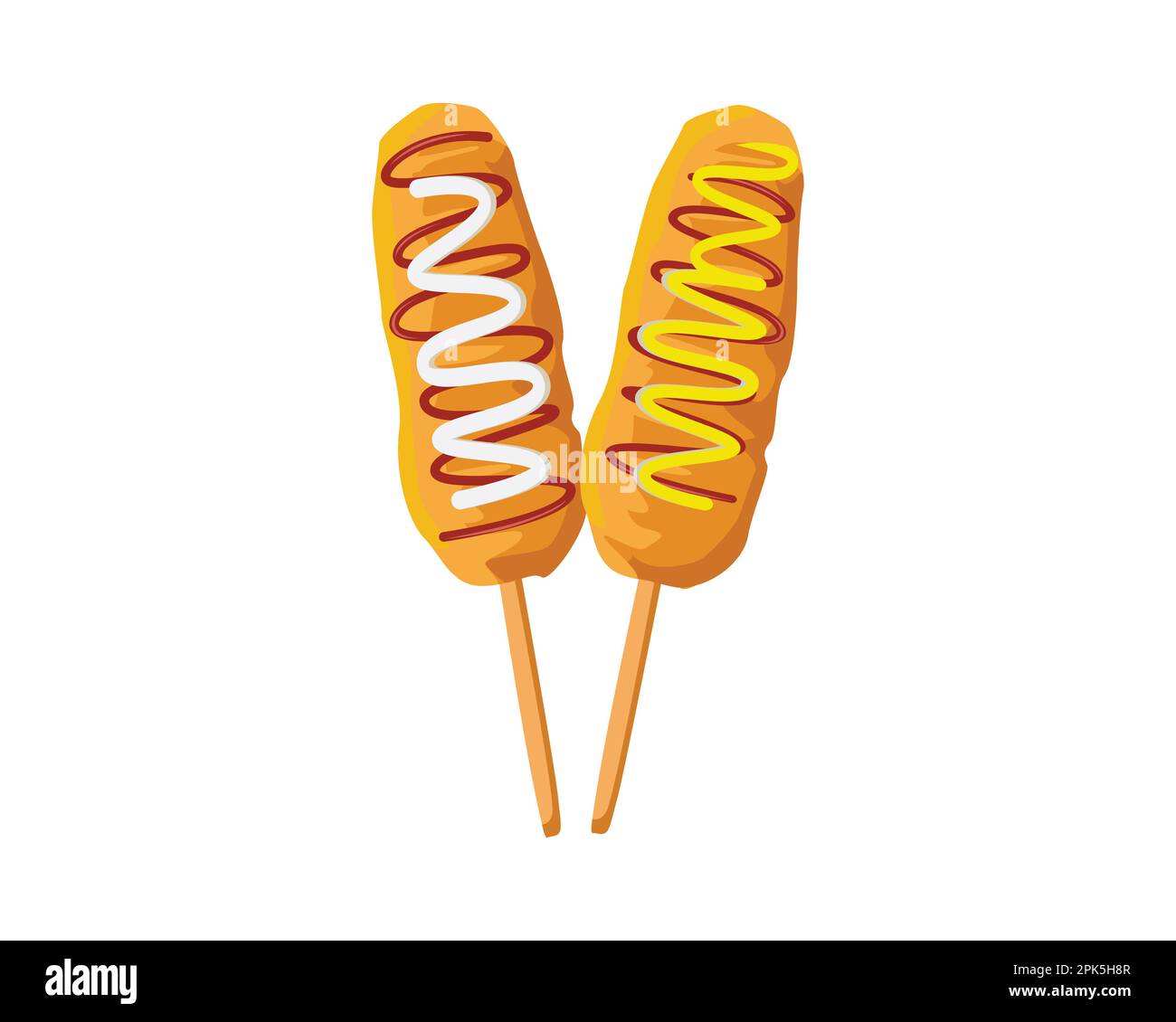 Dettagliato gustoso un paio di Corn Dog con senape, maionese e Ketchup Illustrazione Illustrazione Vettoriale
