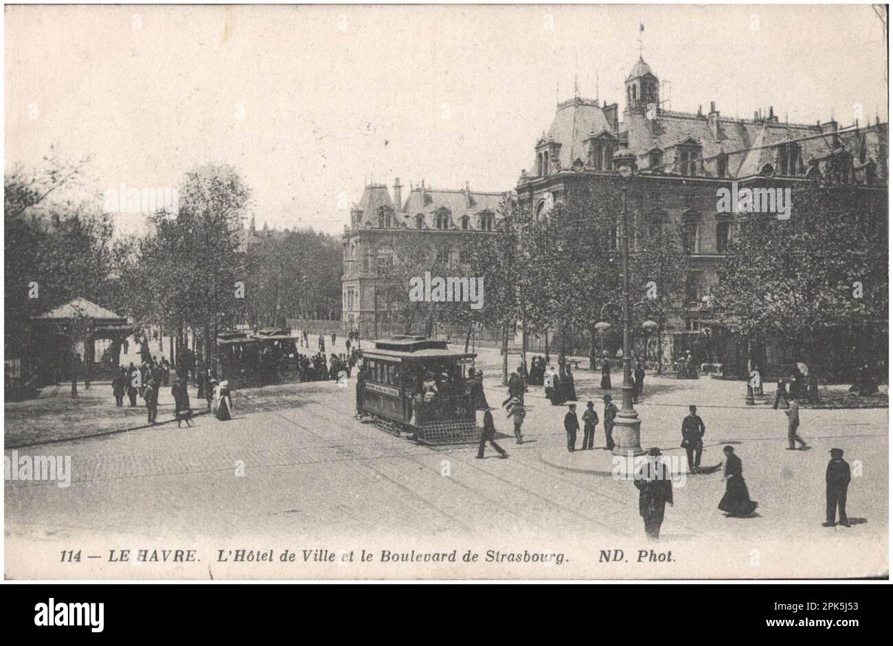 Cartolina: Le Havre. L'Hotel de Ville e il Boulevard de Strasbourg, si sentono il 3 maggio 1915 Foto Stock