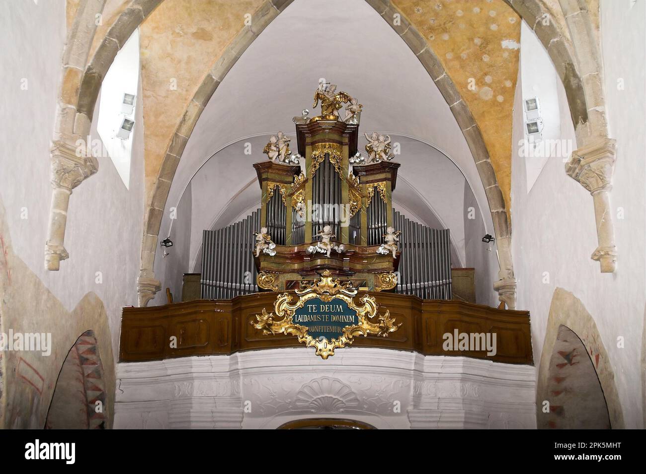 Jihlava, Czechy, Czechia, Tschechien, Chiesa dell'Assunzione della Beata Vergine Maria - interno romanico - organo; Kirche Mariä Himmelfahrt Foto Stock