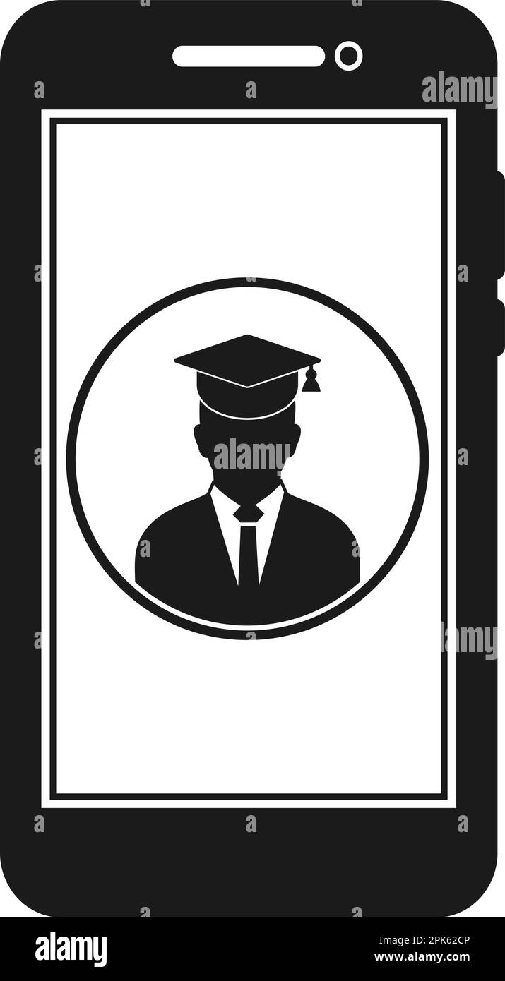 Icona e Learning. Simbolo studente laureato sullo schermo mobile. EPS vettoriale stile piatto. Illustrazione Vettoriale