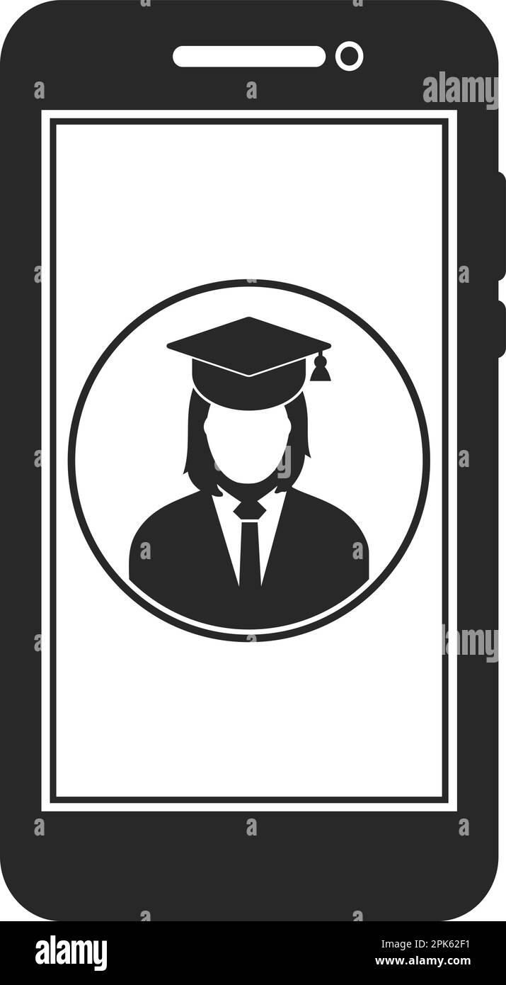 Icona e Learning. Simbolo studente laureato sullo schermo mobile. EPS vettoriale stile piatto. Illustrazione Vettoriale