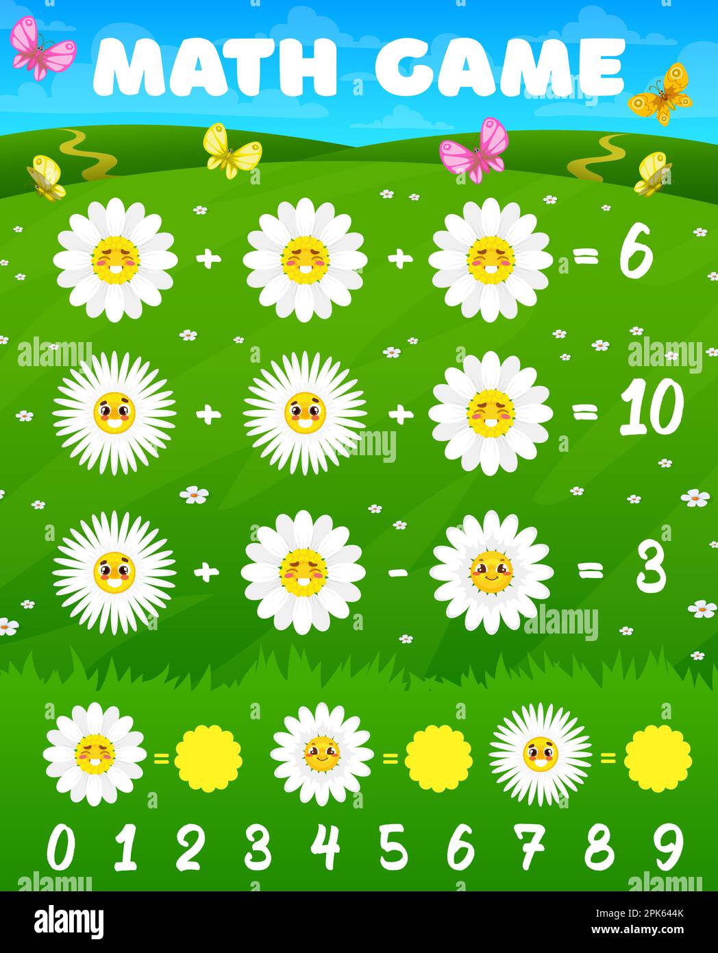 Camomile sorriso daisy caratteri fiore matematica foglio di lavoro gioco. La matematica vettoriale è un enigma per l'educazione dei bambini e l'apprendimento di equazioni aritmetiche con fu Illustrazione Vettoriale