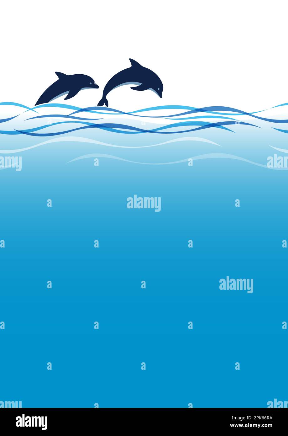 Salto vettoriale Delfini e onde sfondo senza giunture Illustrazione con spazio di testo. Ripetibile orizzontalmente. Illustrazione Vettoriale