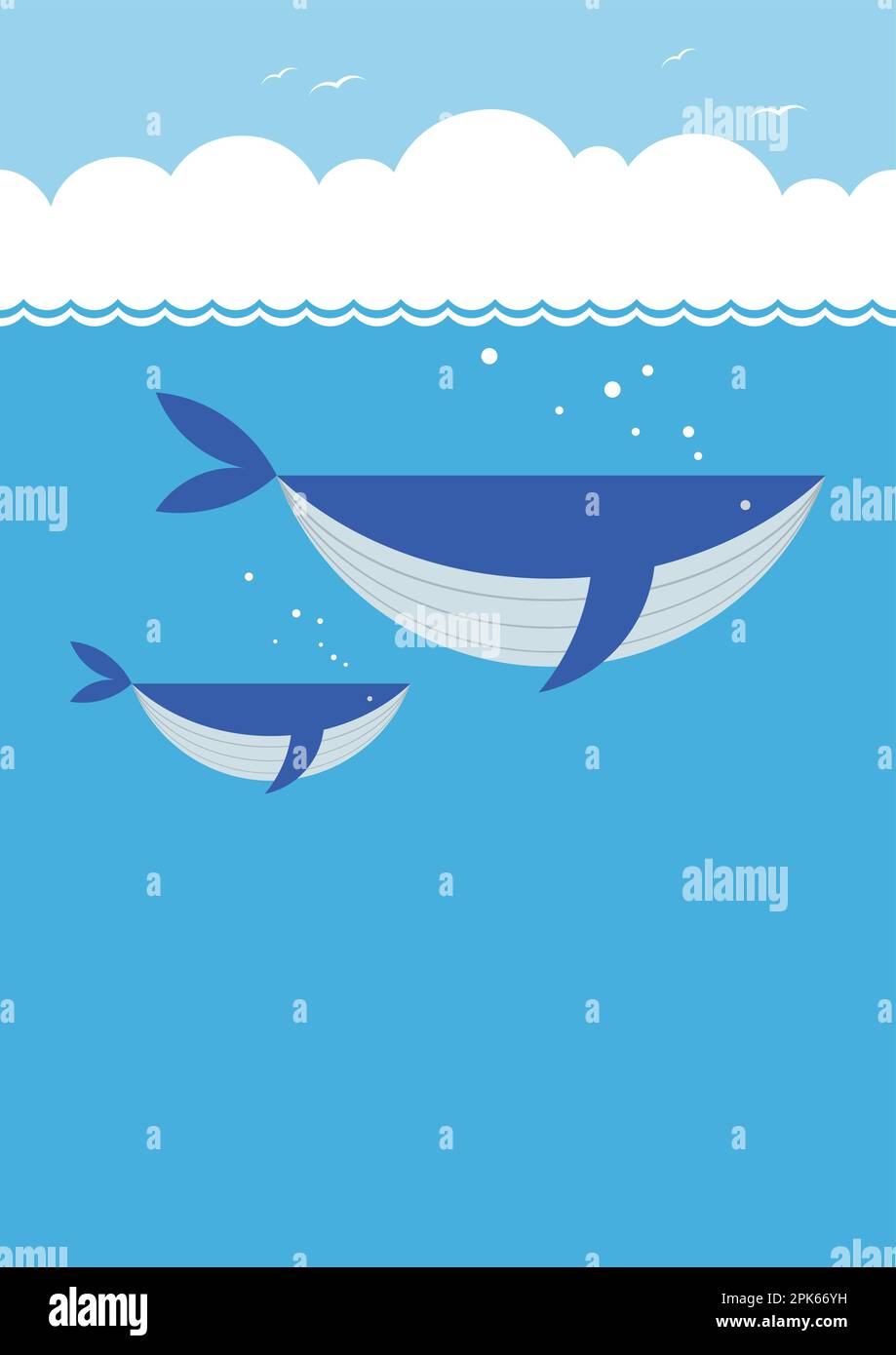 Famiglia di balene blu vettoriali in mare Illustrazione di sfondo senza giunture con cielo blu, nuvole bianche e spazio di testo. Ripetibile orizzontalmente. Illustrazione Vettoriale