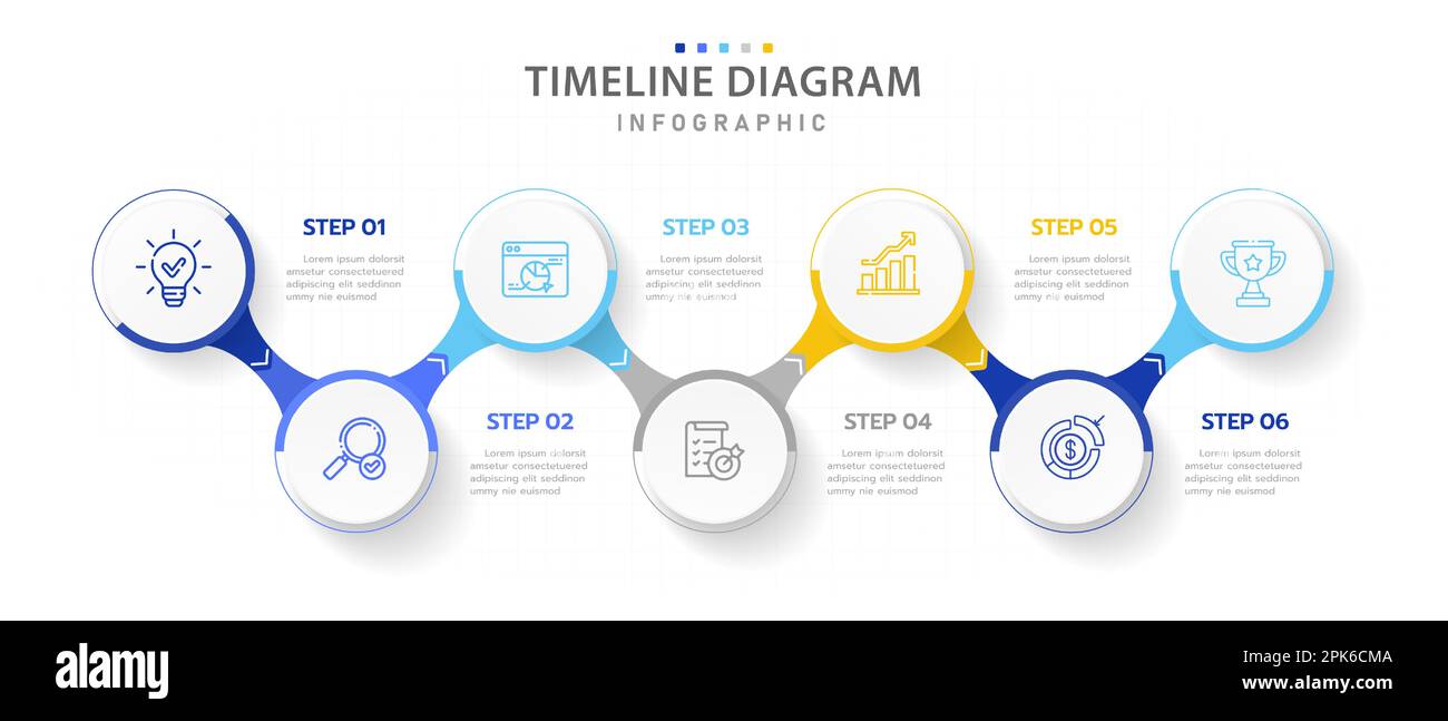 Modello infografico per le aziende. 6 passi Modern Timeline diagramma roadmap con percorsi circoli connessi, presentazione di un'infografica vettoriale. Illustrazione Vettoriale