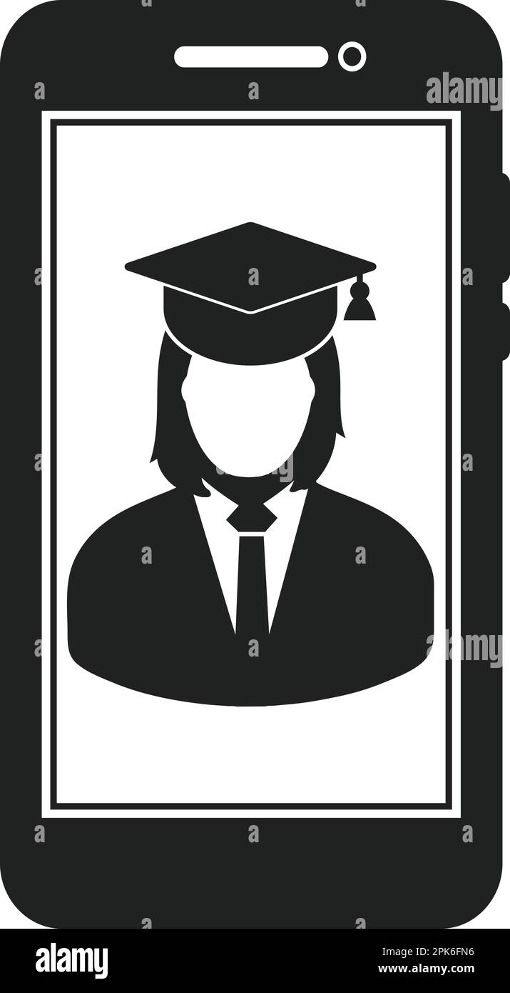 Icona e Learning. Simbolo studente laureato sullo schermo mobile. EPS vettoriale stile piatto. Illustrazione Vettoriale