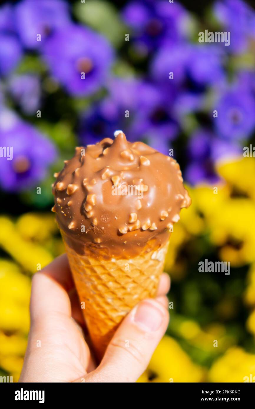 Donna che tiene un delizioso gelato alla vaniglia americana al cioccolato. Gustoso gelato fatto in casa nel cono dei waffle. Gelato vegano senza glutine senza latticini. Foto Stock