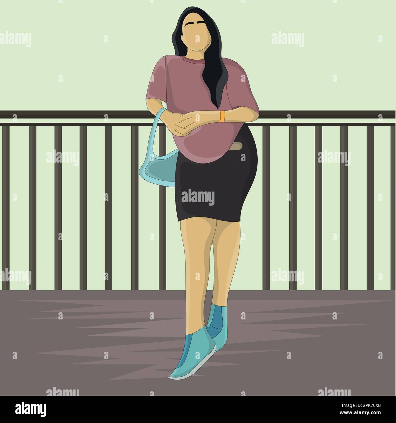 Design piatto di una donna che si appoggia su una recinzione appesa una borsa Illustrazione Vettoriale