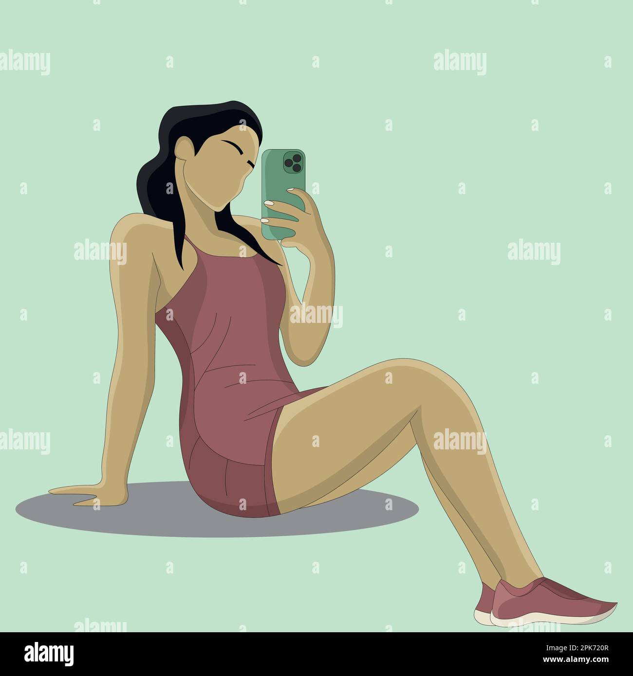 Design piatto di elegante ragazza in vestito carino prendendo uno specchio selfie Illustrazione Vettoriale