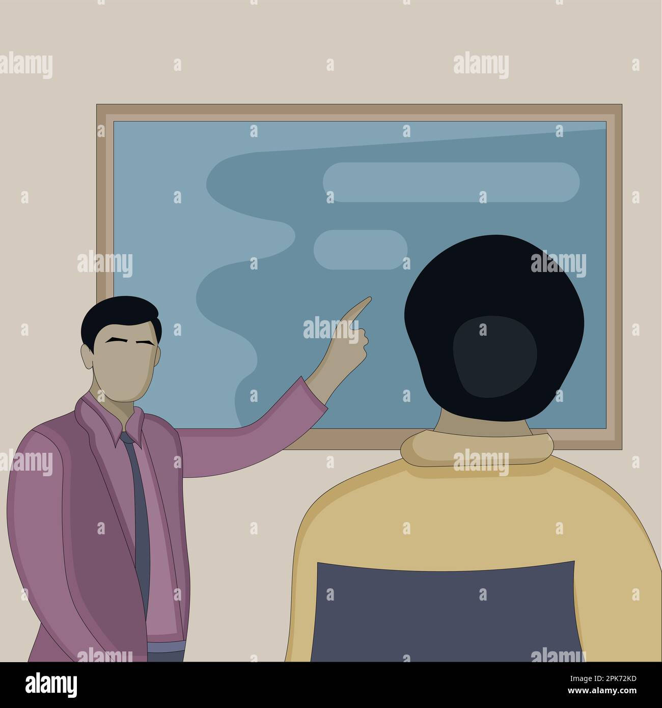 Design piatto di discutere uomo e donna utilizzando una lavagna Illustrazione Vettoriale