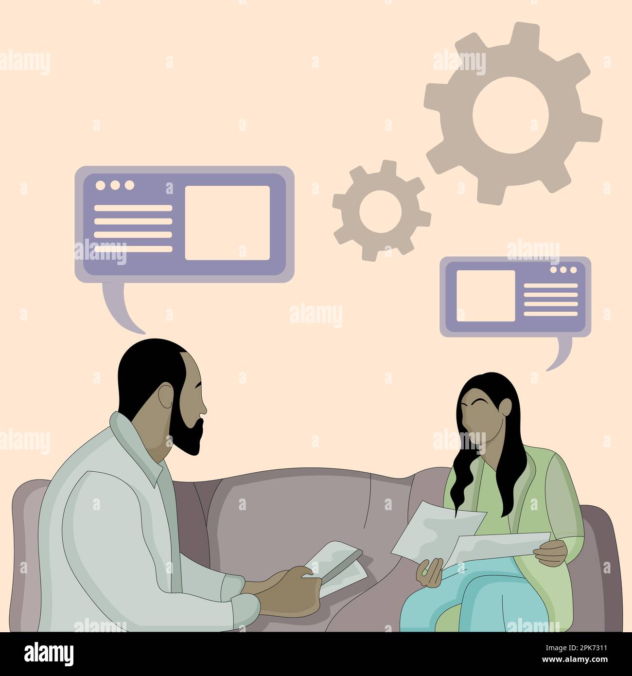 Design piatto di uomo e donna seduta e discutere utilizzando la carta Illustrazione Vettoriale