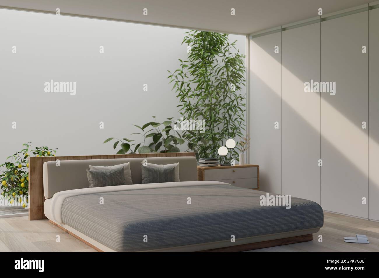 Vista laterale di una moderna camera da letto con giardino interno dietro il letto design interno, comodo letto, tavolo laterale minimo letto e decorazioni. rappresentazione 3d, 3d illu Foto Stock