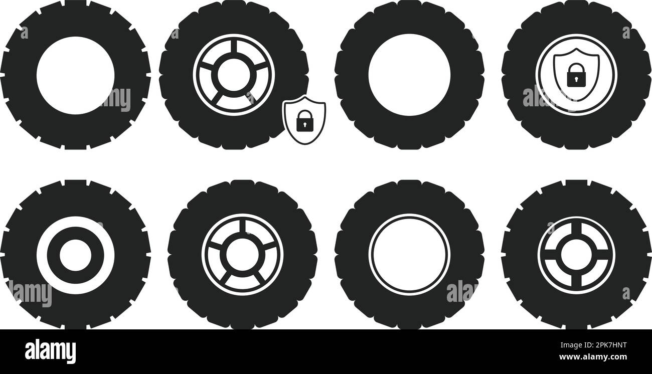 Set di icone pneumatici e ruote. EPS vettoriale stile piatto. Illustrazione Vettoriale