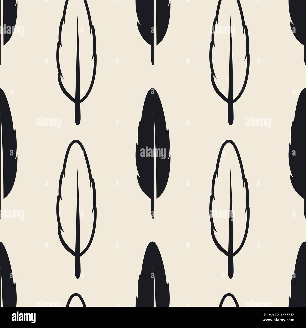 Modello vettoriale senza cuciture con diverse silhouette nere morbide in piuma su sfondo bianco. Modello di disegno di Flamingo, angelo, piume dell'uccello per Illustrazione Vettoriale