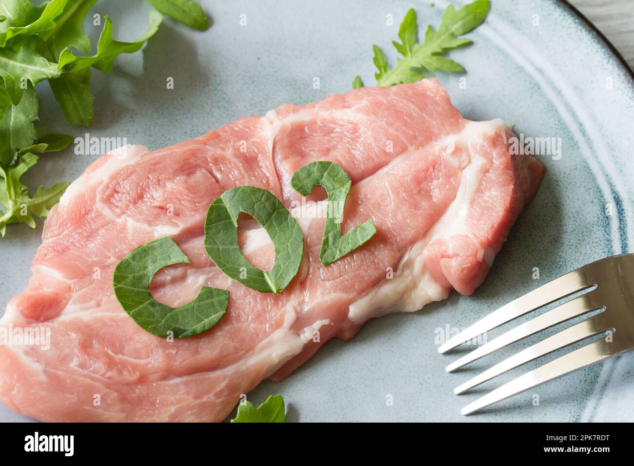 Produzione di carne e problema globale con le emissioni CO2, concetto di impronta di carbonio con bistecca di maiale su piatto Foto Stock