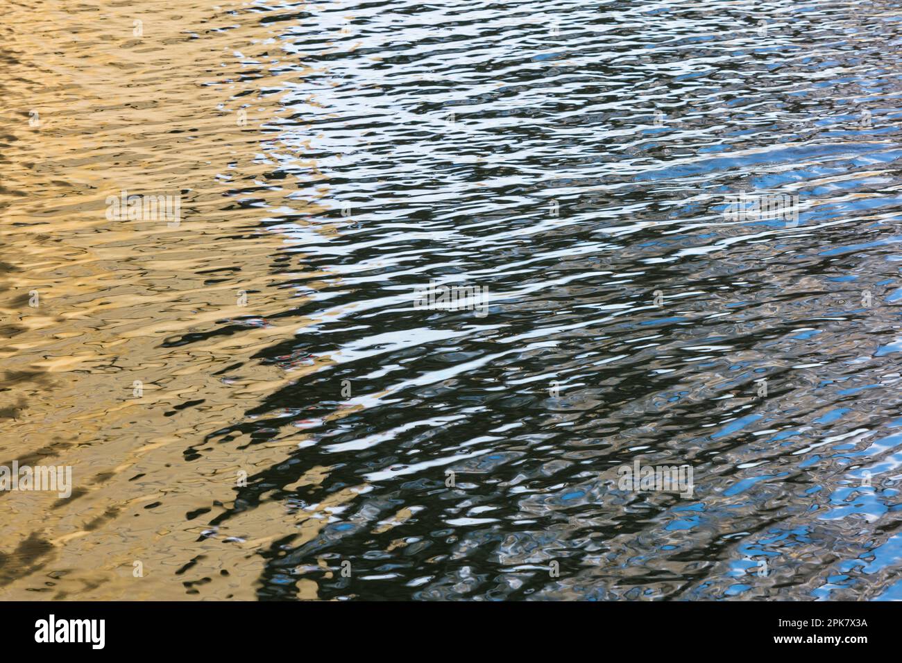 Dettagli della superficie dell'acqua fluviale, riflessi e abstract, increspature e motivi. Foto Stock