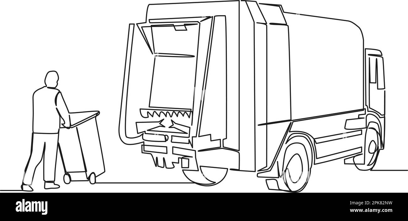 disegno a linea singola continuo del camion dei rifiuti e del garbage collector con la lattina dei rifiuti, illustrazione vettoriale della linea del concetto di garbage collection Illustrazione Vettoriale