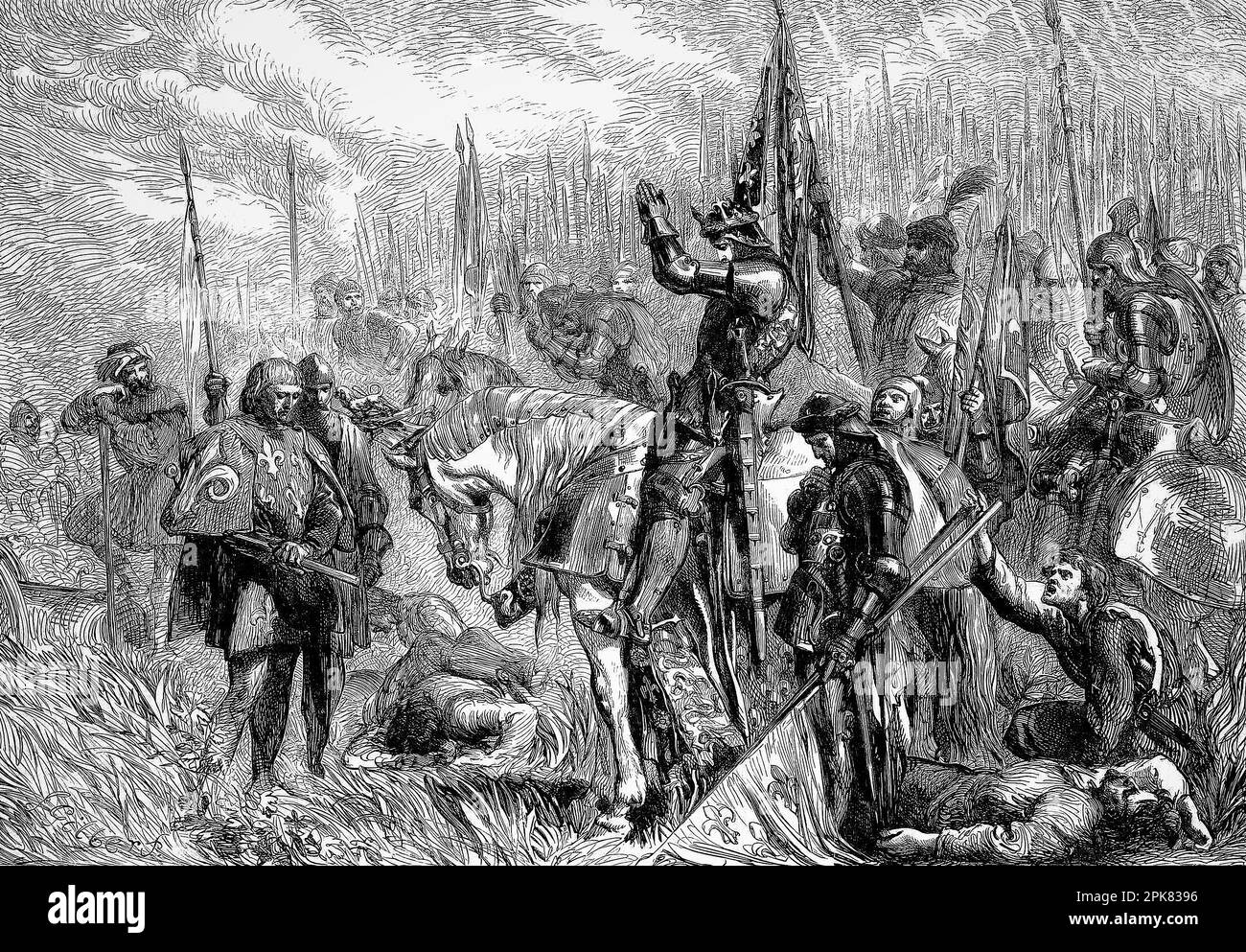 Illustrazione di Sir John Gilbert (1817-1897) della Battaglia di Agincourt, una vittoria inglese nella Guerra dei Cent'anni. Quando il re Enrico V d'Inghilterra condusse le sue truppe in battaglia e partecipò a combattimenti a mani nude, l'inaspettata vittoria inglese contro l'esercito francese numericamente superiore amplificò il morale e il prestigio inglese e paralizzò la Francia. Iniziò un nuovo periodo di dominio inglese nella guerra che durò 14 anni fino a quando la Francia sconfisse l'Inghilterra nell'assedio di Orléans nel 1429. Foto Stock