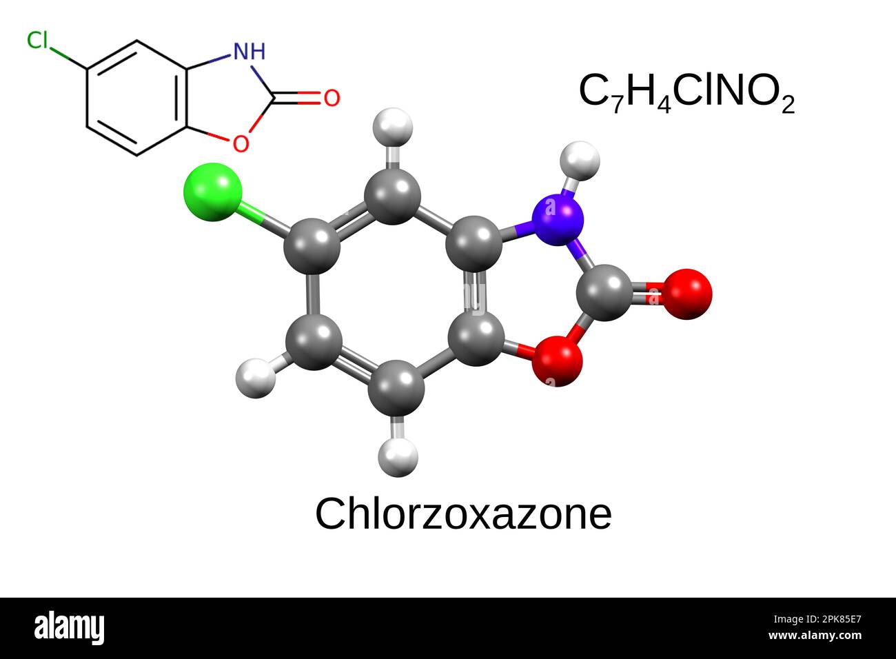 Formula chimica, formula scheletrica e modello 3D a sfera e bastone di clorzoxazone rilassante muscolare, sfondo bianco Foto Stock