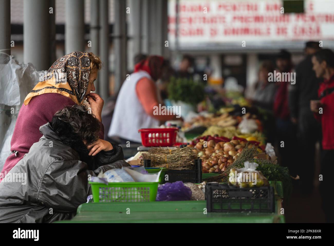 Immagine di un venditore senior, una vecchia donna rumena, che vende frutta e verdura sul mercato verde di Arad in Romania. Foto Stock