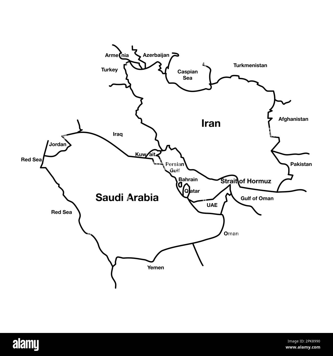 Medio Oriente contorno Mappa con Arabia Saudita vs Iran conflitto. Illustrazione del simbolo EPS vettoriale modificabile. Illustrazione Vettoriale
