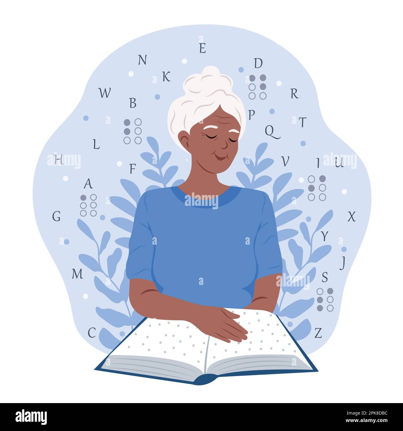 Anziana donna nera legge qualcosa in Braille. 27 giugno - Giornata Internazionale della Giornata Mondiale del Braille dei non vedenti. 13 novembre - Giornata Internazionale del Th Illustrazione Vettoriale