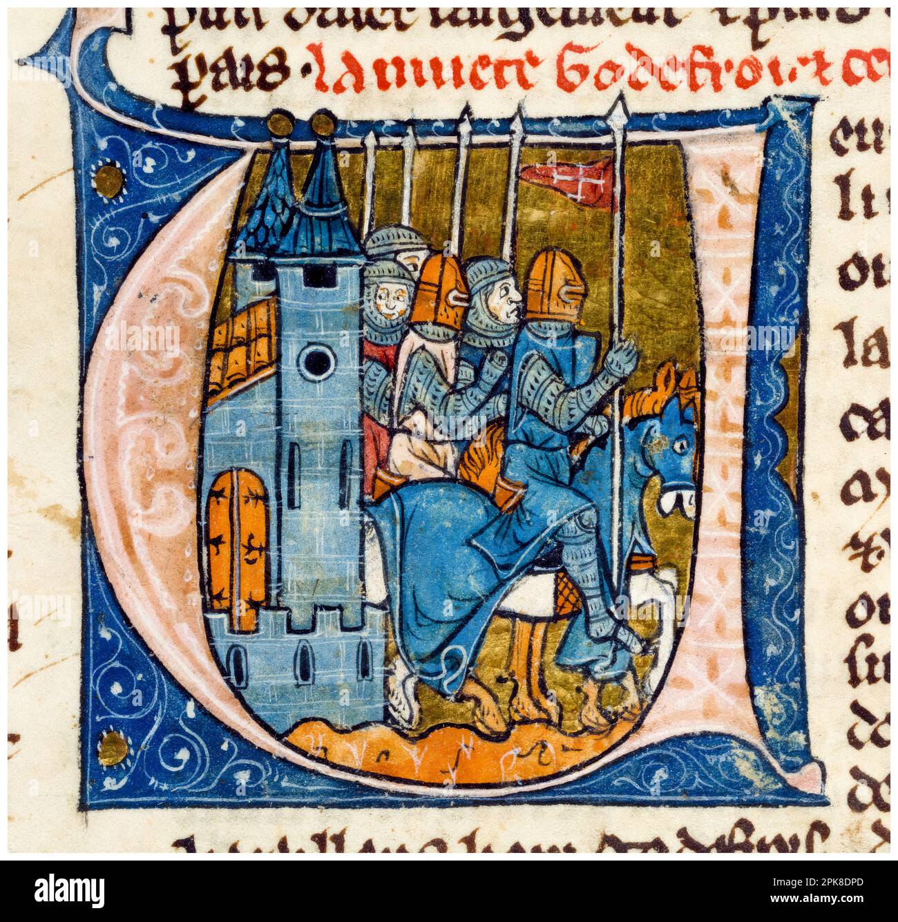 Goffredo di Bouillon (Godefroy de Bouillon, 1060-1100), leader della prima crociata e primo governatore del Regno di Gerusalemme (1099-1100) con quattro Cavalieri (crociati), pittura manoscritta illuminata, circa 1295-1299 Foto Stock