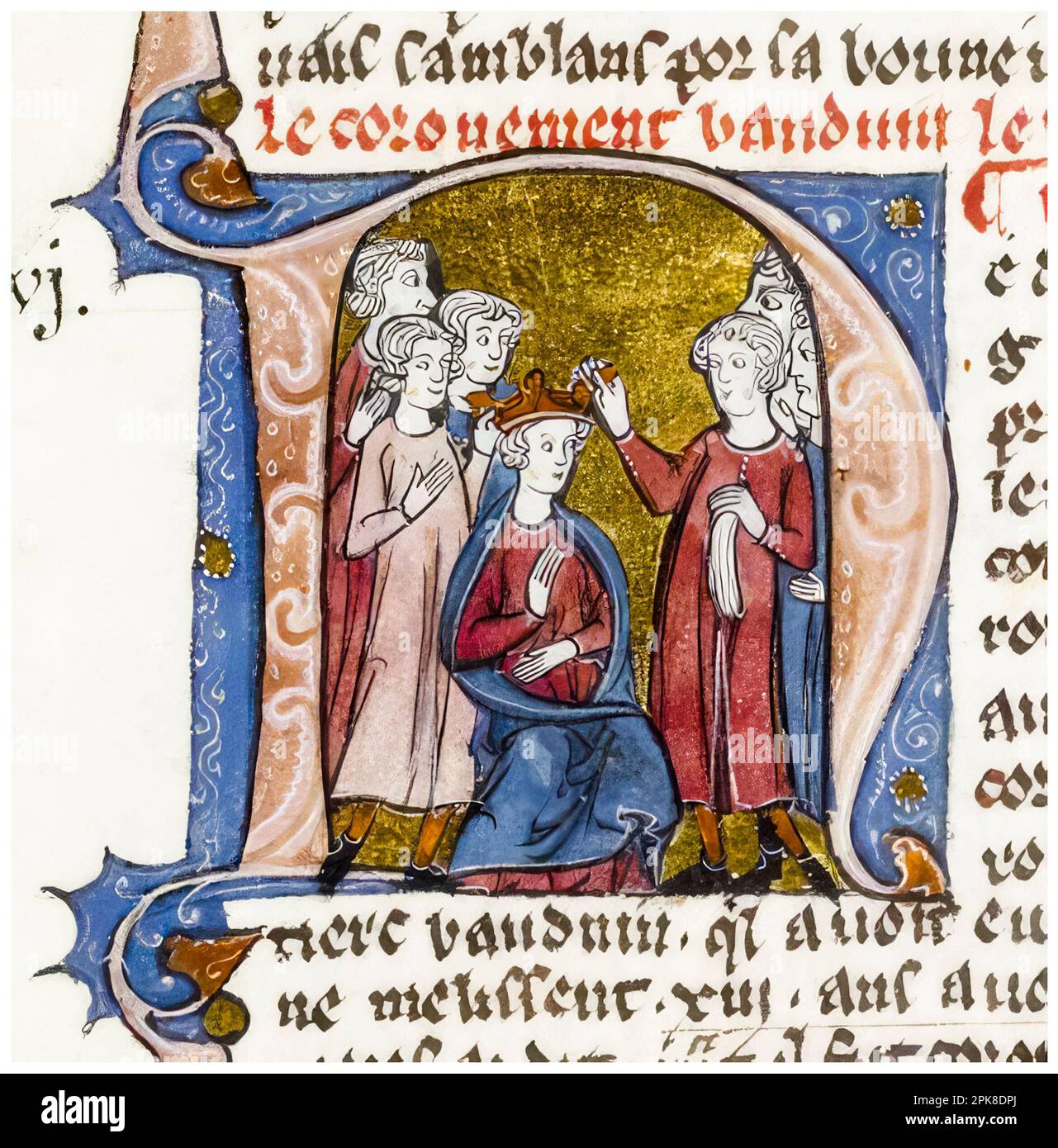 Incoronazione di Baldovino III (1129-1163), re di Gerusalemme (1143-1163), da parte di due laici, pittura manoscritta illuminata, intorno al 1295-1299 Foto Stock