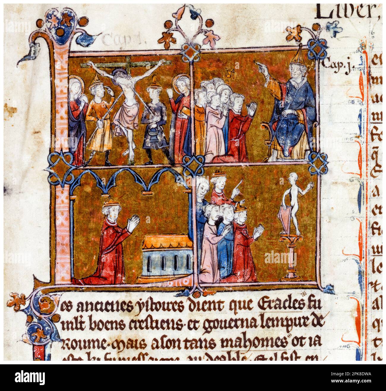 L iniziale storiata con la Crocifissione di Cristo, pittura manoscritta illuminata, circa 1295-1299 Foto Stock