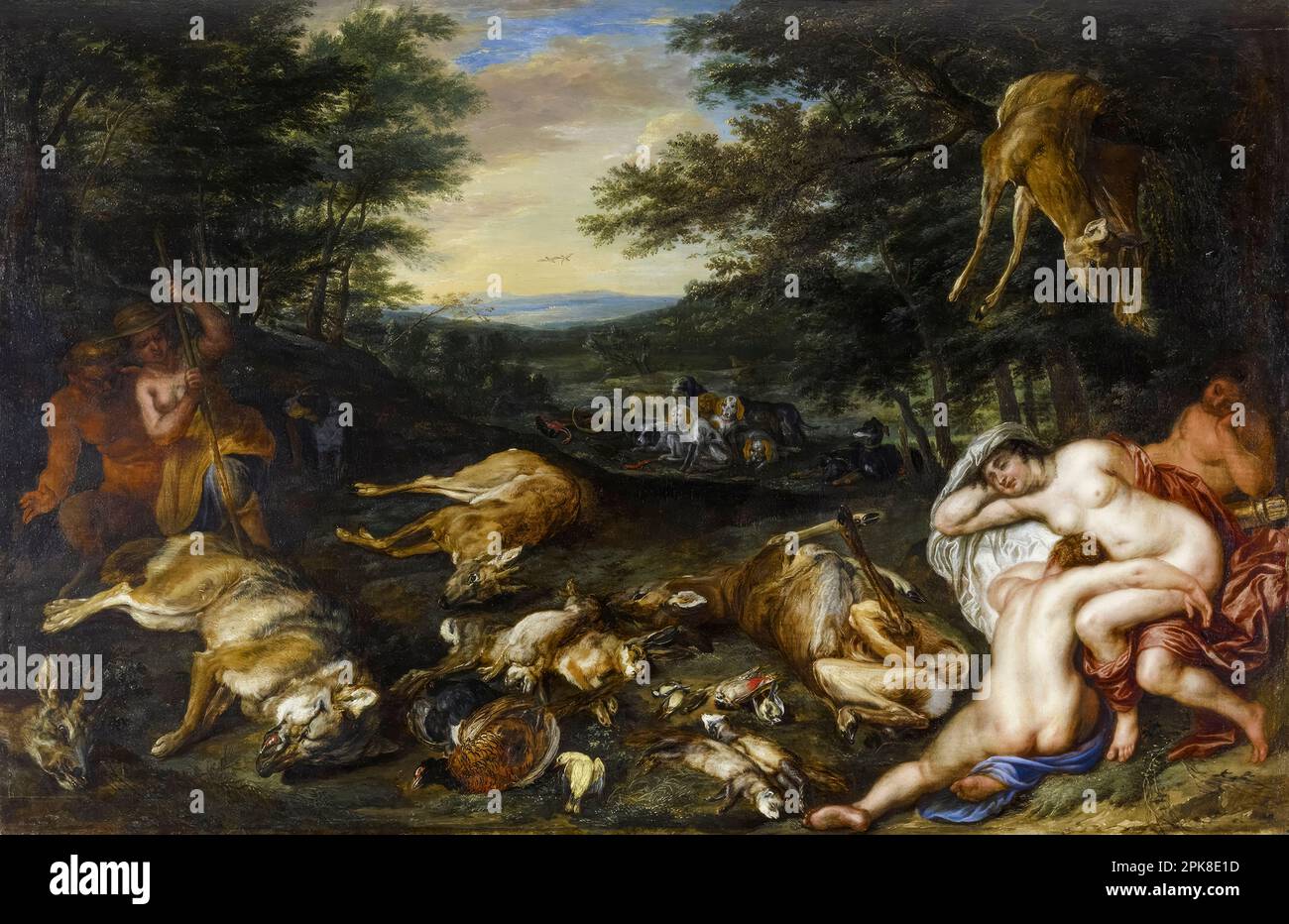 Diana e le sue Ninfe dopo la loro Caccia, dipingendo in olio su tavola di Jan Brueghel il giovane, 1630-1639 Foto Stock