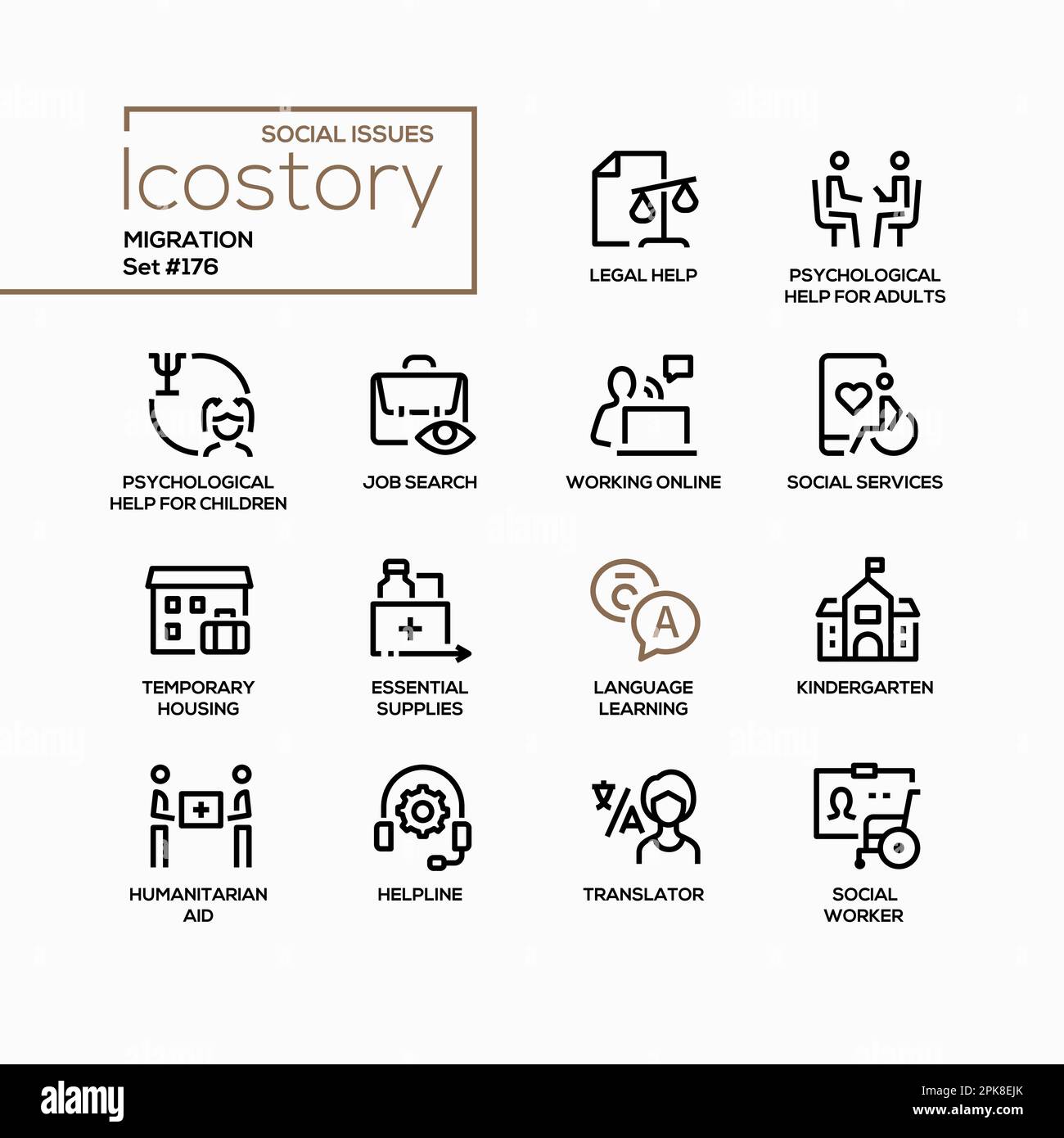 Assistenza sociale per i migranti - icone stile design linea Illustrazione Vettoriale