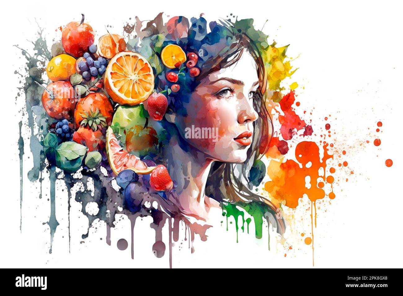 Viso femminile color acqua decorato con frutta. Illustrazione della verniciatura a tratti di pennello. Donna internazionale femminismo potere sfondo poster Foto Stock