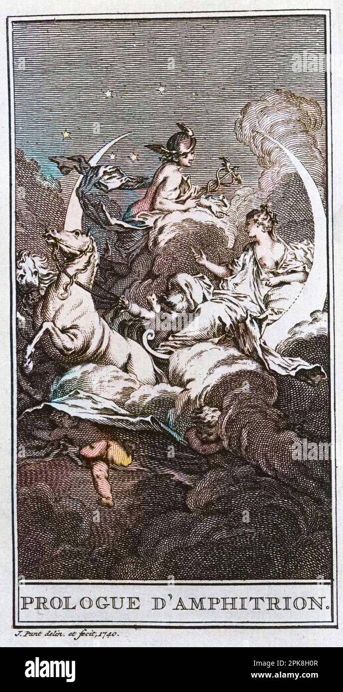 Representation d'une scene de la piece 'Prologue d'Amphitryon' (1668) de Jean Baptiste Poquelin dit Moliere (1622-1673). Gravure de 1740. "Les Œuvres de Monsieur de Molière. Nouvelle édition. Revue, corrigée et augmentée. Enrichie de Figures en taille-douce". foto colorié ultérieuement Foto Stock
