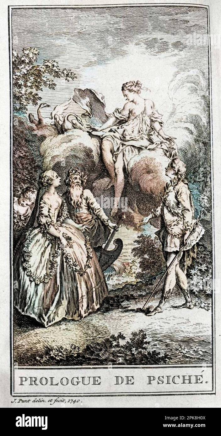 Representation d'une scene de la piece 'Prologue de Psyche' de Jean Baptiste Poquelin dit Moliere (1622-1673). Gravure de 1740. "Les Œuvres de Monsieur de Molière. Nouvelle édition. Revue, corrigée et augmentée. Enrichie de Figures en taille-douce". foto colorié ultérieuement Foto Stock