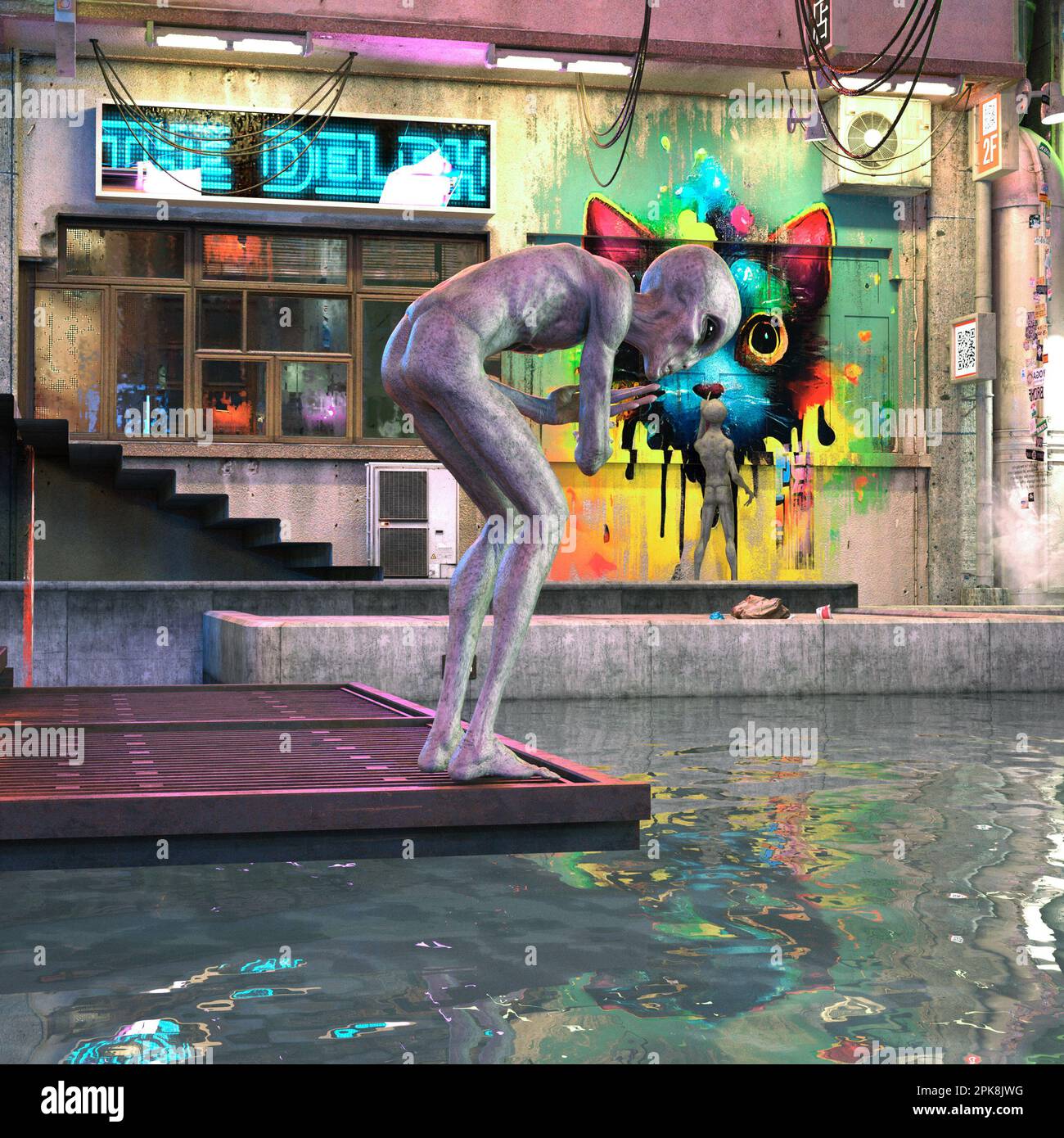 3d illustrazione di due alieni grigi con uno alieno che si appoggia e guarda l'acqua con attenzione in un vicolo deserto con graffiti sullo sfondo. Foto Stock