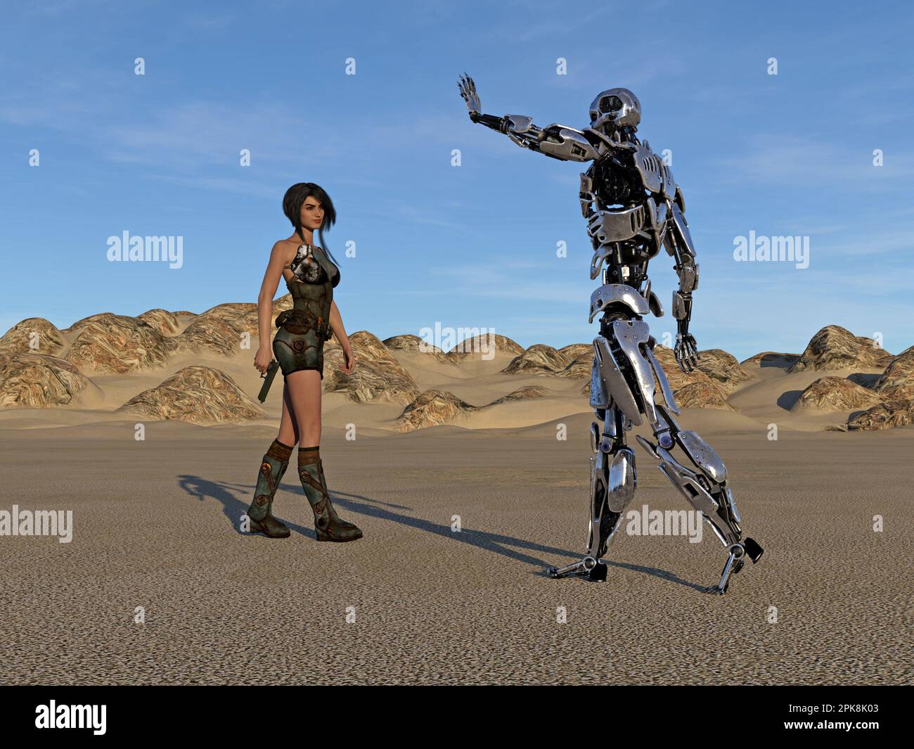 3d illustrazione di una donna solita che incontra un robot mentre cammina attraverso il deserto nella luce del mattino presto con una pistola. Foto Stock