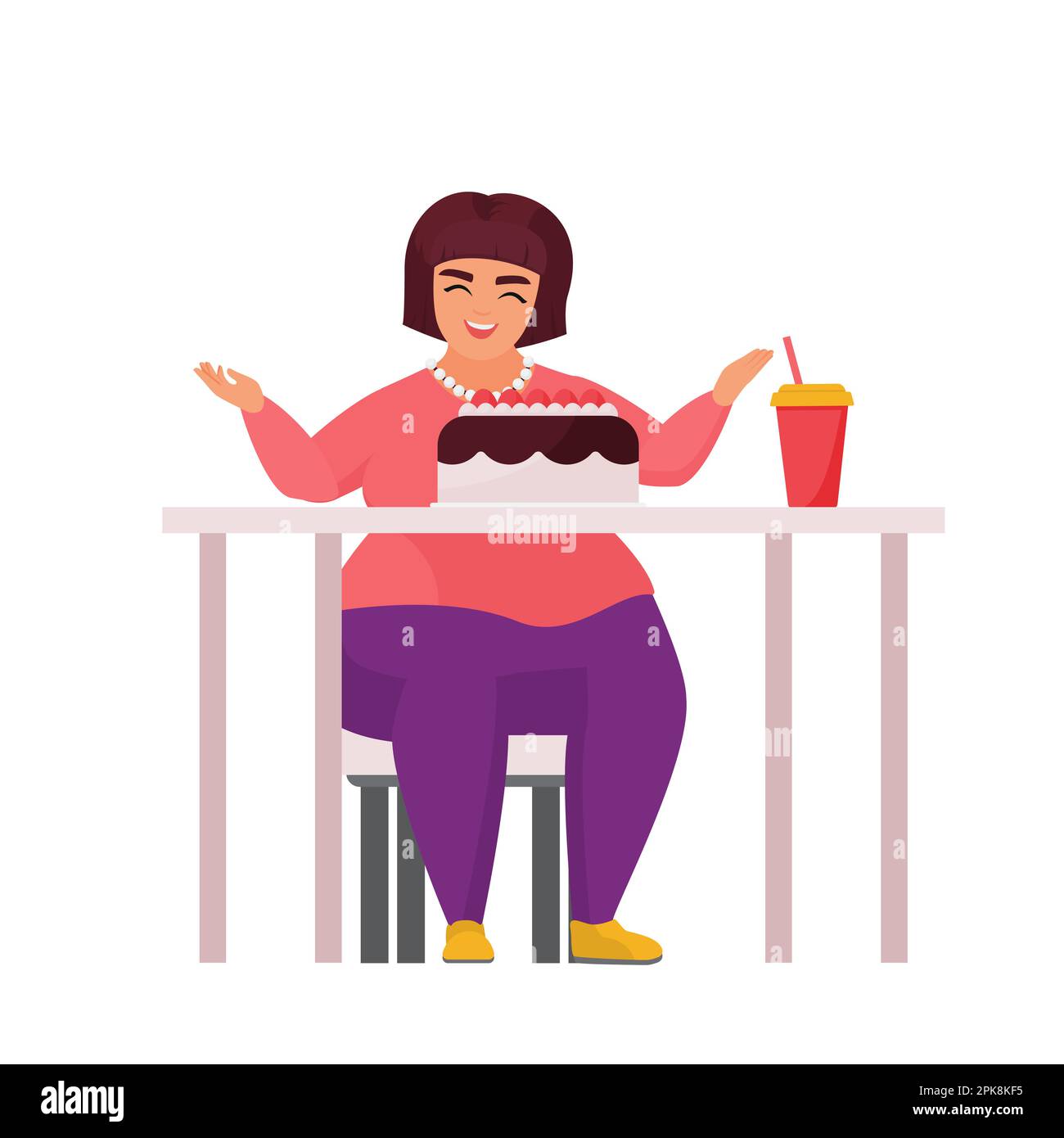 Donna grassa che mangia il fast food. Obese femmina mangiare cibo non sano vettore illustrazione cartone animato Illustrazione Vettoriale